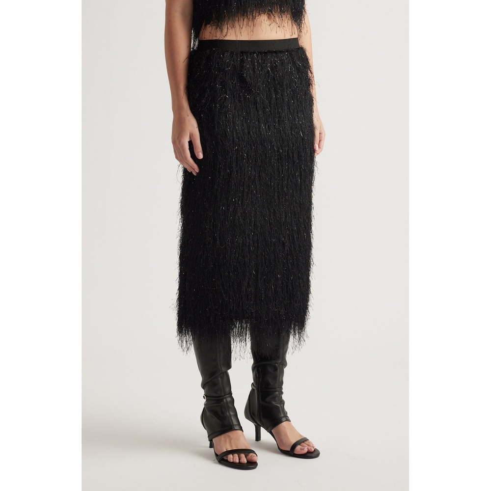 Allureville Feather Jacquard Fringe Midi Skirt Black Sparkle Size M Japan Glam